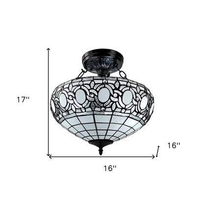 Blue and Black Tiffany Style Two Light Glass Dimmable Semi Flush Ceiling Light