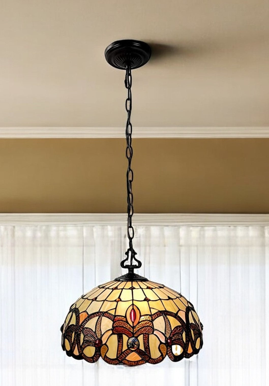 16" Tiffany Style Stained Glass Two Light Glass Dimmable Ceiling Light