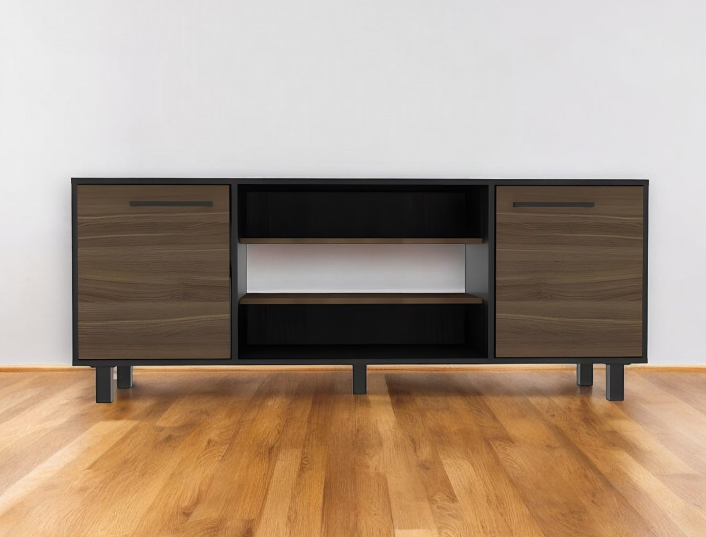 59" Brown And Black Particle Board Open Shelving TV Stand