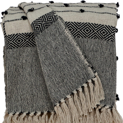 52" X 67" Beige and Black Woven Wool Throw Blanket