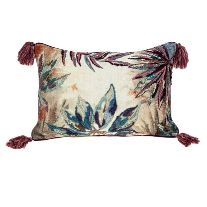 14" X 20" Teal White and Brown Floral Cotton Throw Pillow With Tassels