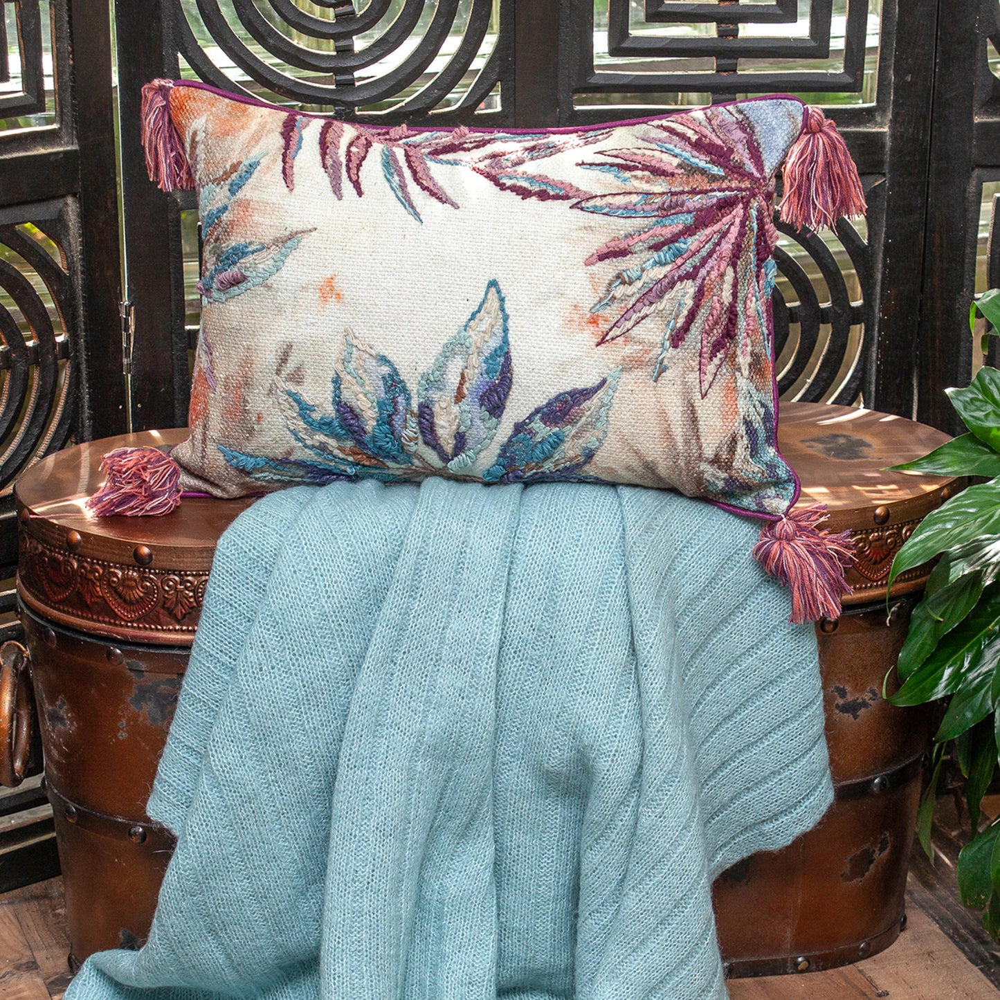 14" X 20" Teal White and Brown Floral Cotton Throw Pillow With Tassels