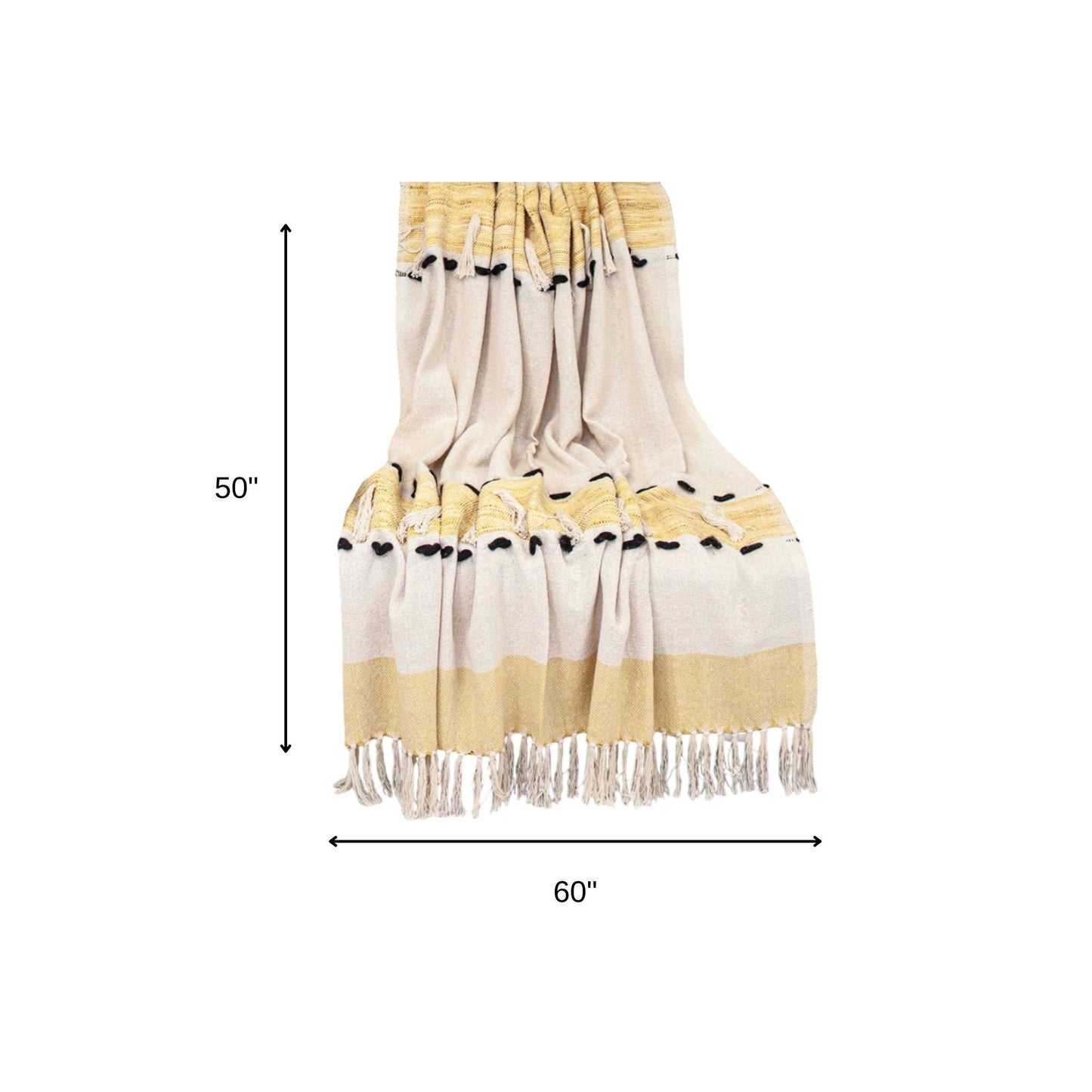 50" X 60" Yellow and Ivory Woven Cotton Striped Throw Blanket with Tassels