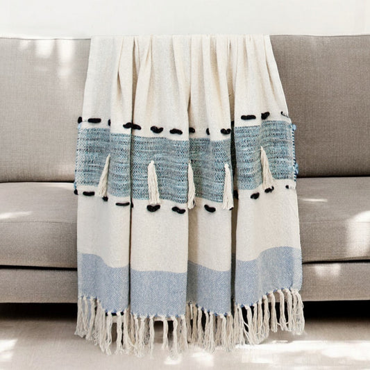 50" X 60" Blue and Ivory Woven Cotton Striped Throw Blanket with Tassels