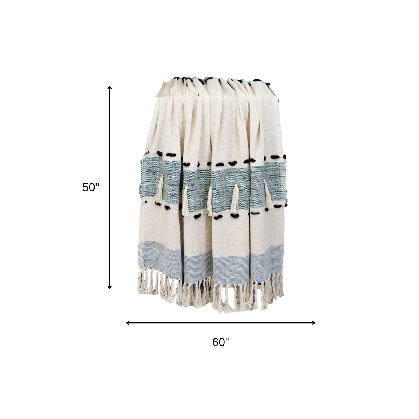 50" X 60" Blue and Ivory Woven Cotton Striped Throw Blanket with Tassels