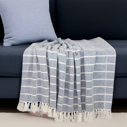 Blue Woven Cotton Striped Throw Blanket