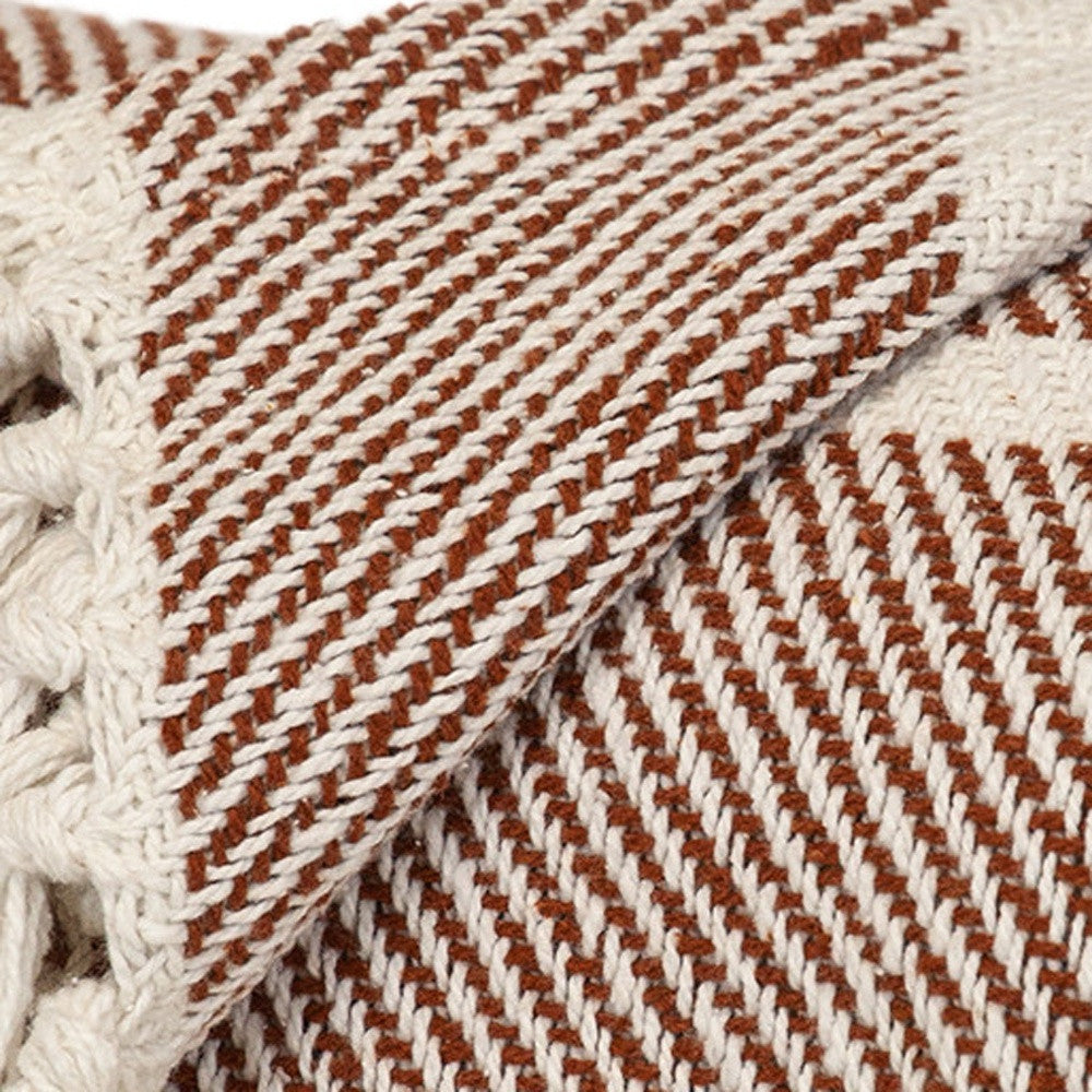 Burnt Orange Woven Cotton Striped Throw Blanket