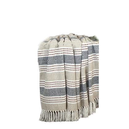 Beige Woven Cotton Striped Throw Blanket