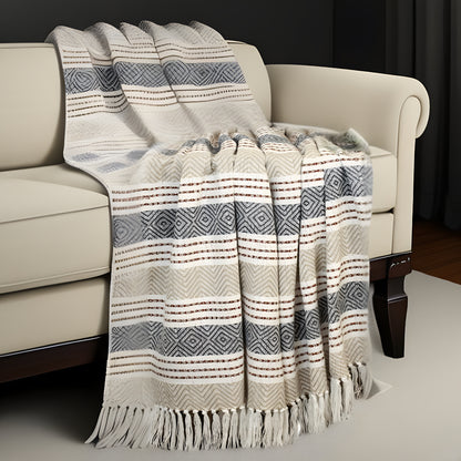 Beige Woven Cotton Striped Throw Blanket