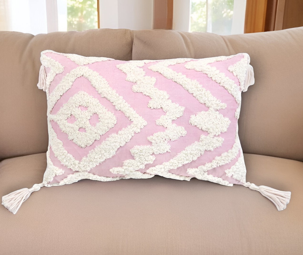 13" X 20" Pink and White Textural Abstract Throw Pillow with Tassels