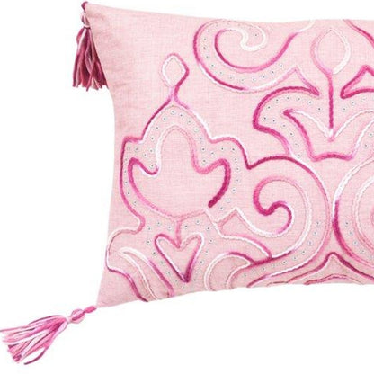 13" X 20" Pink Embroidered Damask Throw Pillow With Tassels