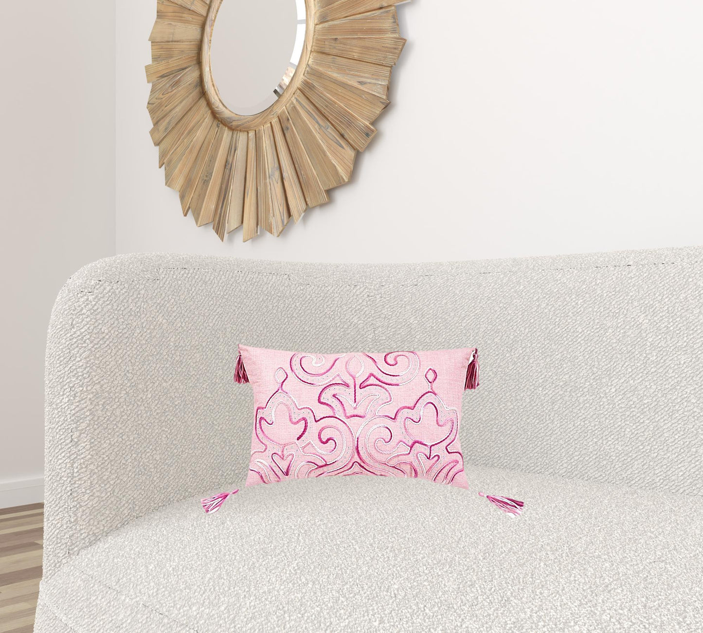 13" X 20" Pink Embroidered Damask Throw Pillow With Tassels