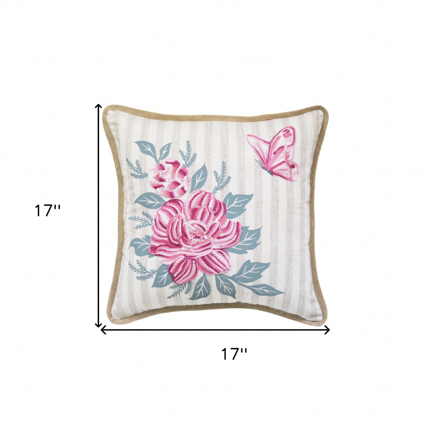 17" X 17" Pink Embroidered Floral and Butterfly with Burlap Throw Pillow