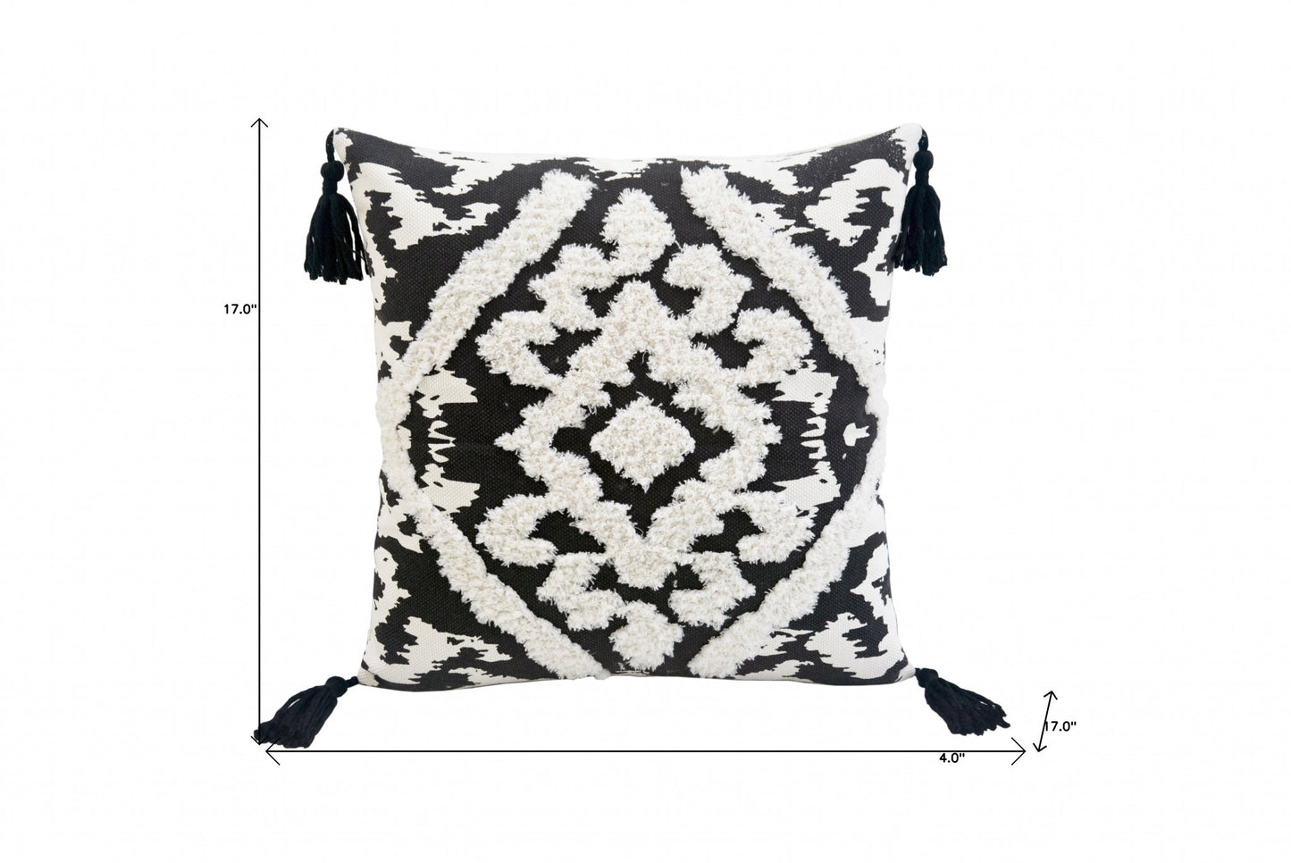 17" X 17" Black and White Textural Geometric Throw Pillow With Tassels