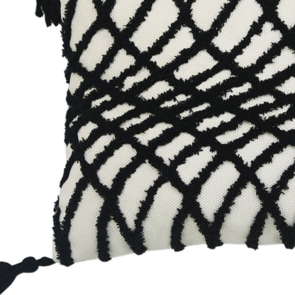 13" X 18" Black And White Geometric Zippered Polyester And Cotton Blend Throw Pillow With Tassels