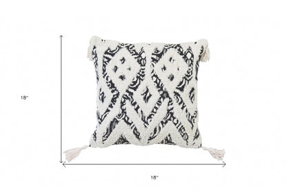 18" X 18" Black And White Ikat Zippered Polyester And Cotton Blend Throw Pillow With Tassels