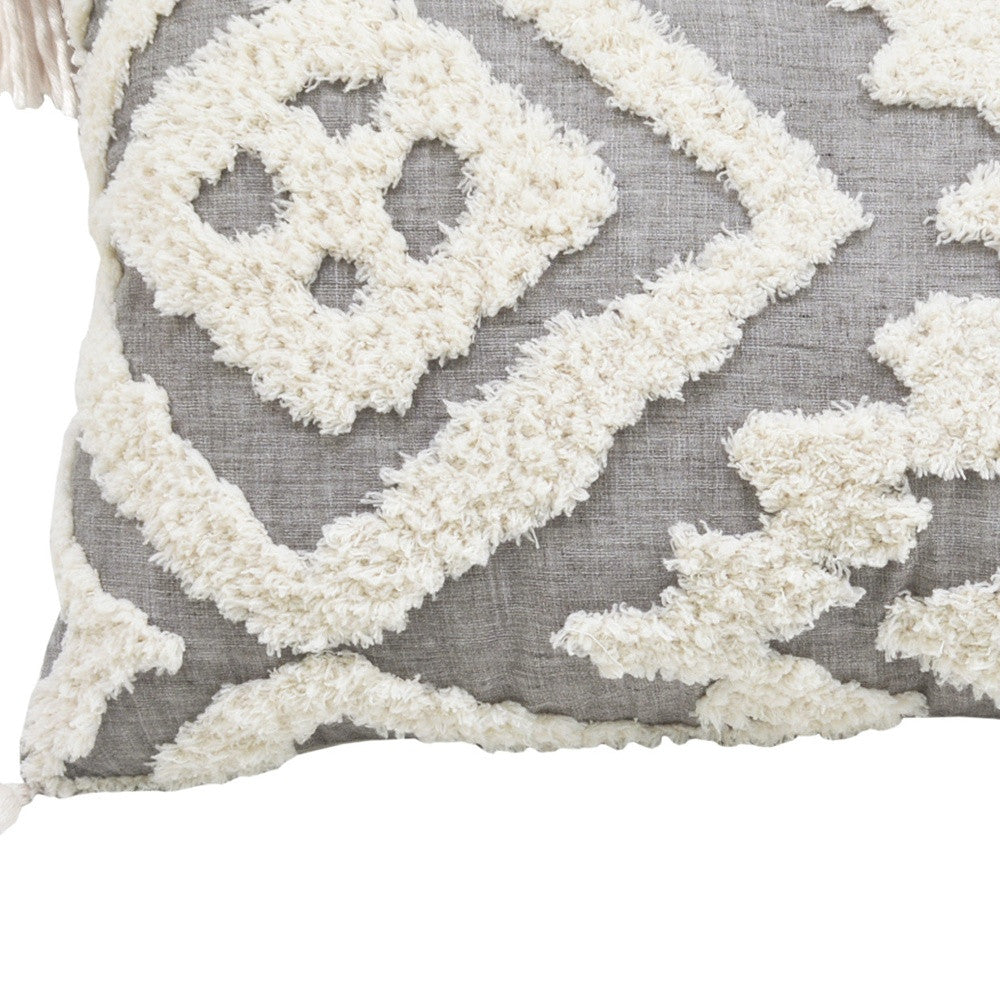 13" X 20" Grey And White Abstract Zippered Polyester Throw Pillow With Tassels