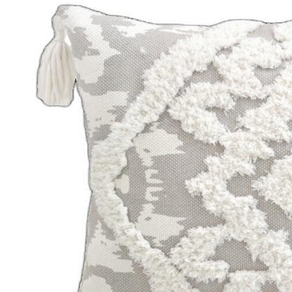 13" X 18" Grey And White Damask Zippered Polyester And Cotton Blend Throw Pillow With Tassels