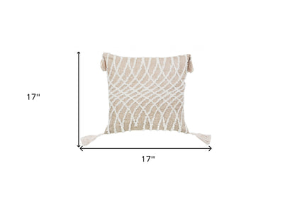 17" X 17" Taupe And White Interlocking Zippered Polyester Throw Pillow With Tassels