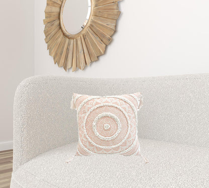 18" X 18" Peach And White Geometric Zippered Polyester And Cotton Blend Throw Pillow With Tassels