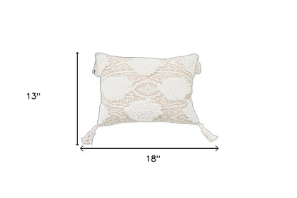 13" X 18" Beige And White Ogee Zippered Polyester And Cotton Blend Throw Pillow With Tassels