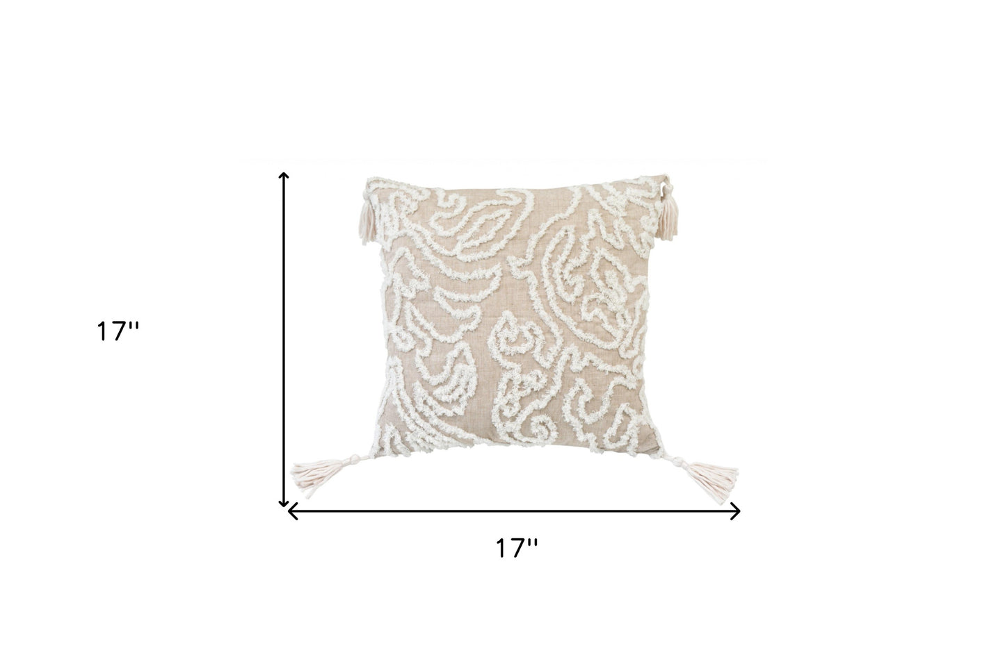 17" X 17" Beige And White Abstract Zippered Polyester Throw Pillow With Tassels