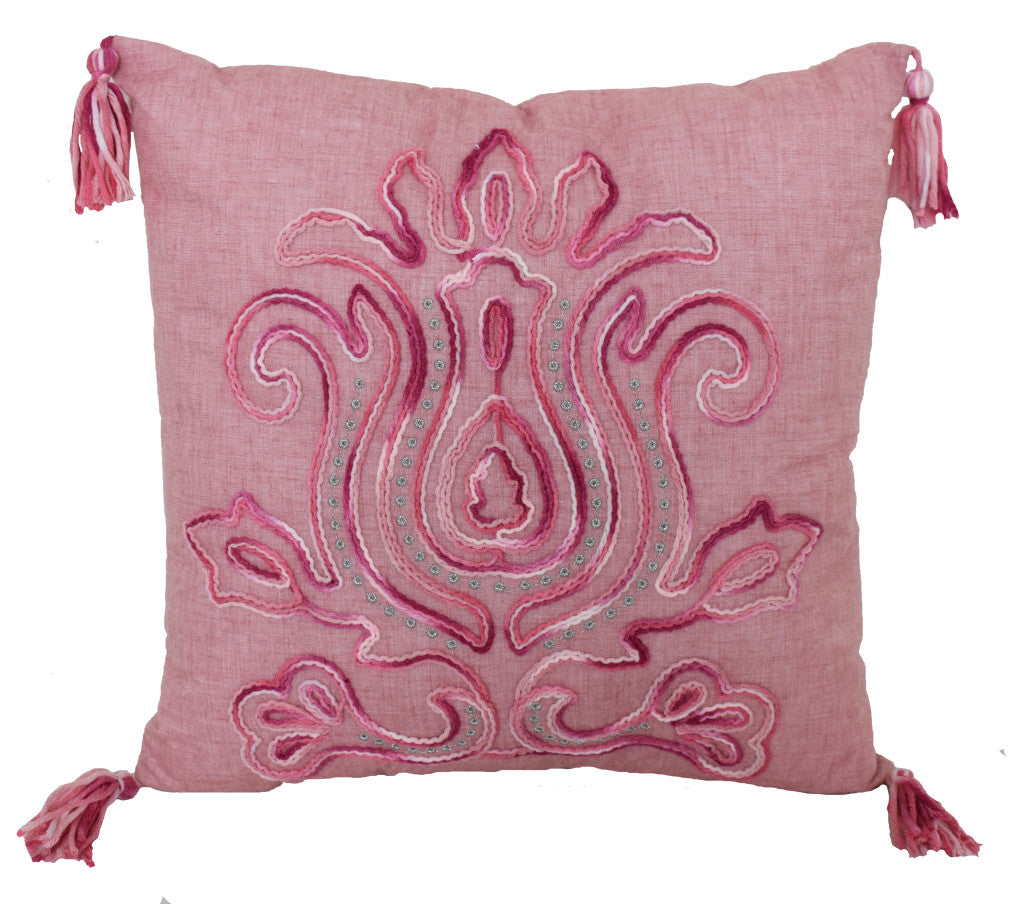 17" X 17" Light Pink Polyester Zippered Pillow With Tassels