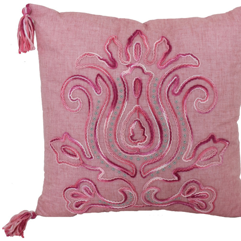 17" X 17" Light Pink Polyester Zippered Pillow With Tassels