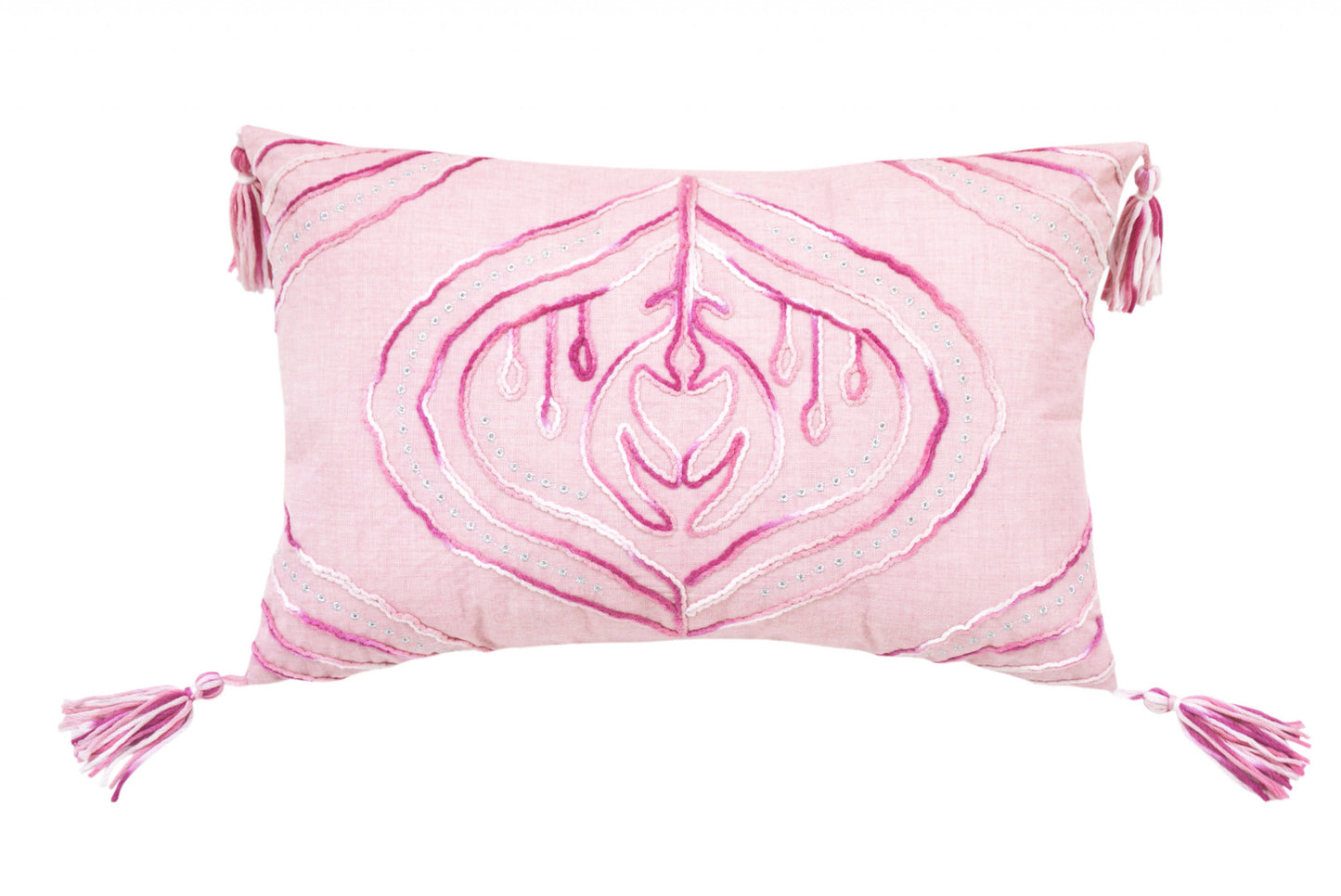 13" X 20" Pink White And Silver Abstract Zippered Polyester Throw Pillow With Tassels