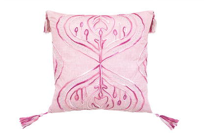 17" X 17" Pink White And Silver Abstract Zippered Polyester Throw Pillow With Tassels