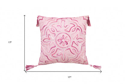 17" X 17" Pink White And Silver Damask Zippered Polyester Throw Pillow With Tassels