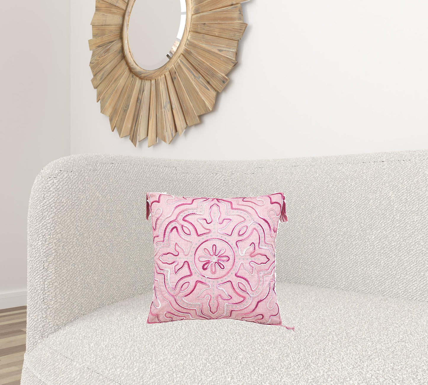 17" X 17" Pink White And Silver Damask Zippered Polyester Throw Pillow With Tassels