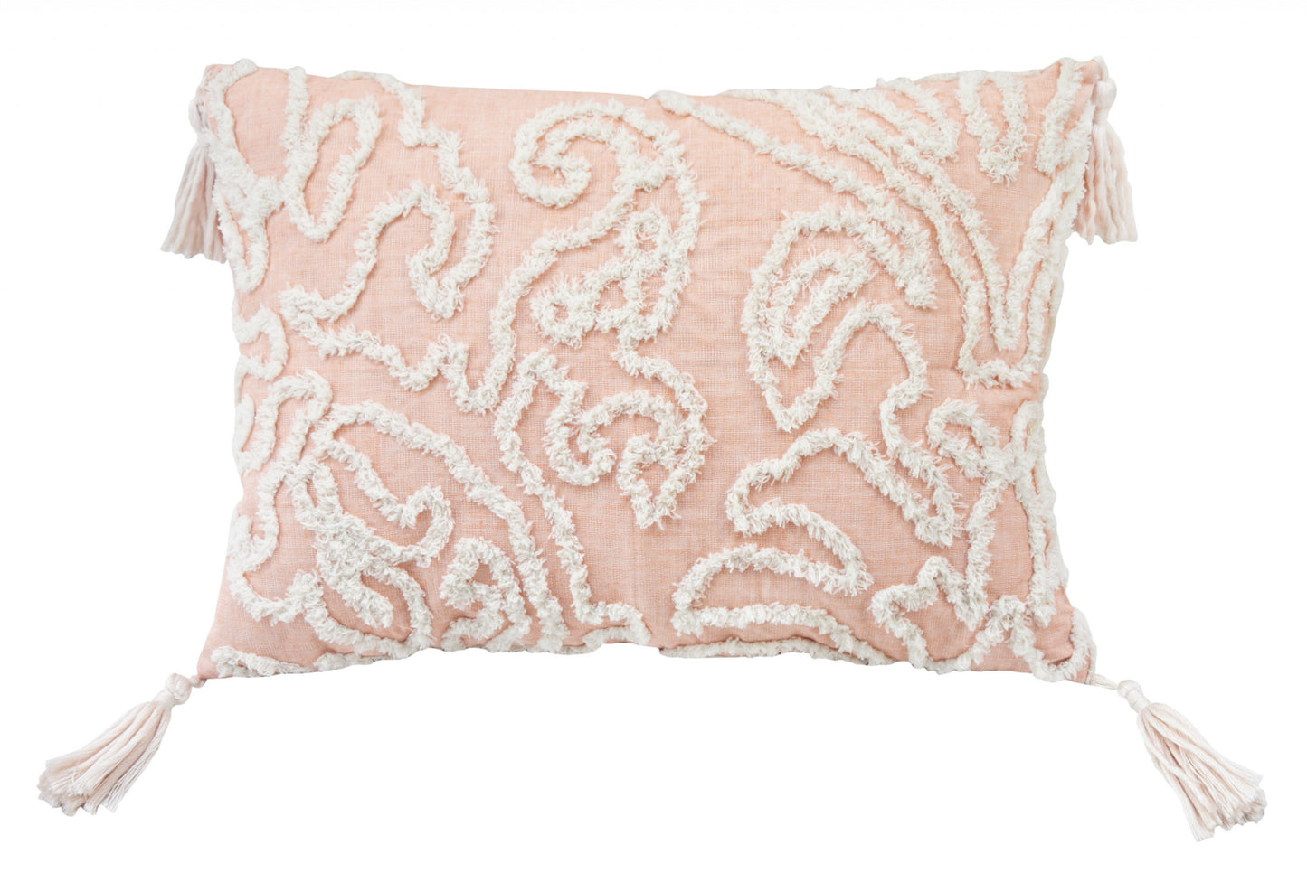 13" X 18" Beige and Ivory Damask Throw Pillow With Texture Embroidery and Tassles