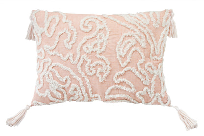 13" X 18" Beige and Ivory Damask Throw Pillow With Texture Embroidery and Tassles