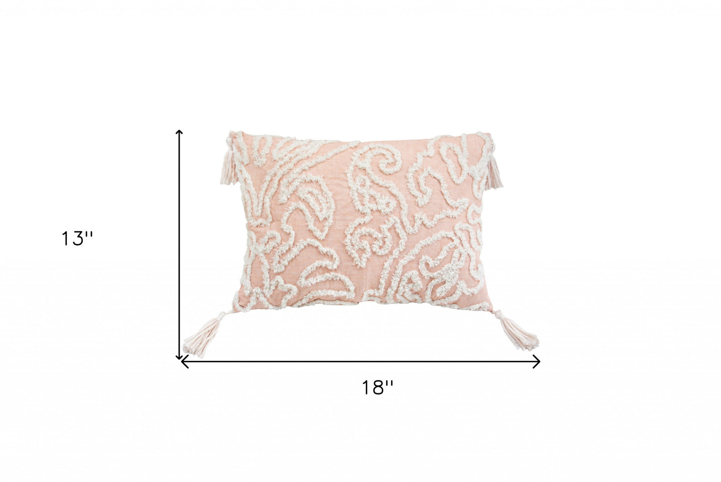 13" X 18" Beige and Ivory Damask Throw Pillow With Texture Embroidery and Tassles