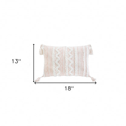 13" X 18" Beige And White Damask Zippered Polyester And Burlap Blend Throw Pillow With Tassels