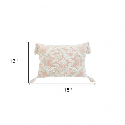 13" X 18" Peach and White Polyester and Cotton Blend Throw Pillow With Tassels