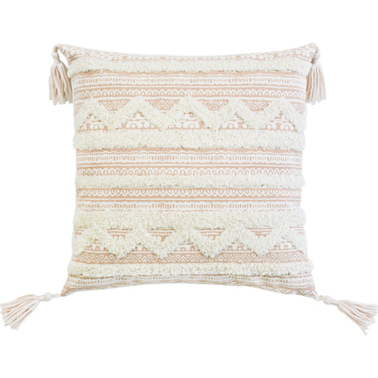 18" X 18" Beige And White Geometric Zippered Polyester And Cotton Blend Throw Pillow With Tassels