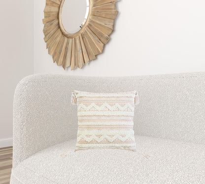 18" X 18" Beige And White Geometric Zippered Polyester And Cotton Blend Throw Pillow With Tassels