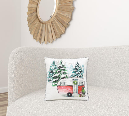 18" X 18" Snowy Christmas Camper Throw Pillow