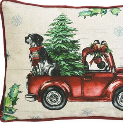 13" X 18" Dog Red Truck and Christmas Tree Throw Pillow