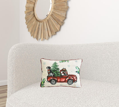 13" X 18" Dog Red Truck and Christmas Tree Throw Pillow