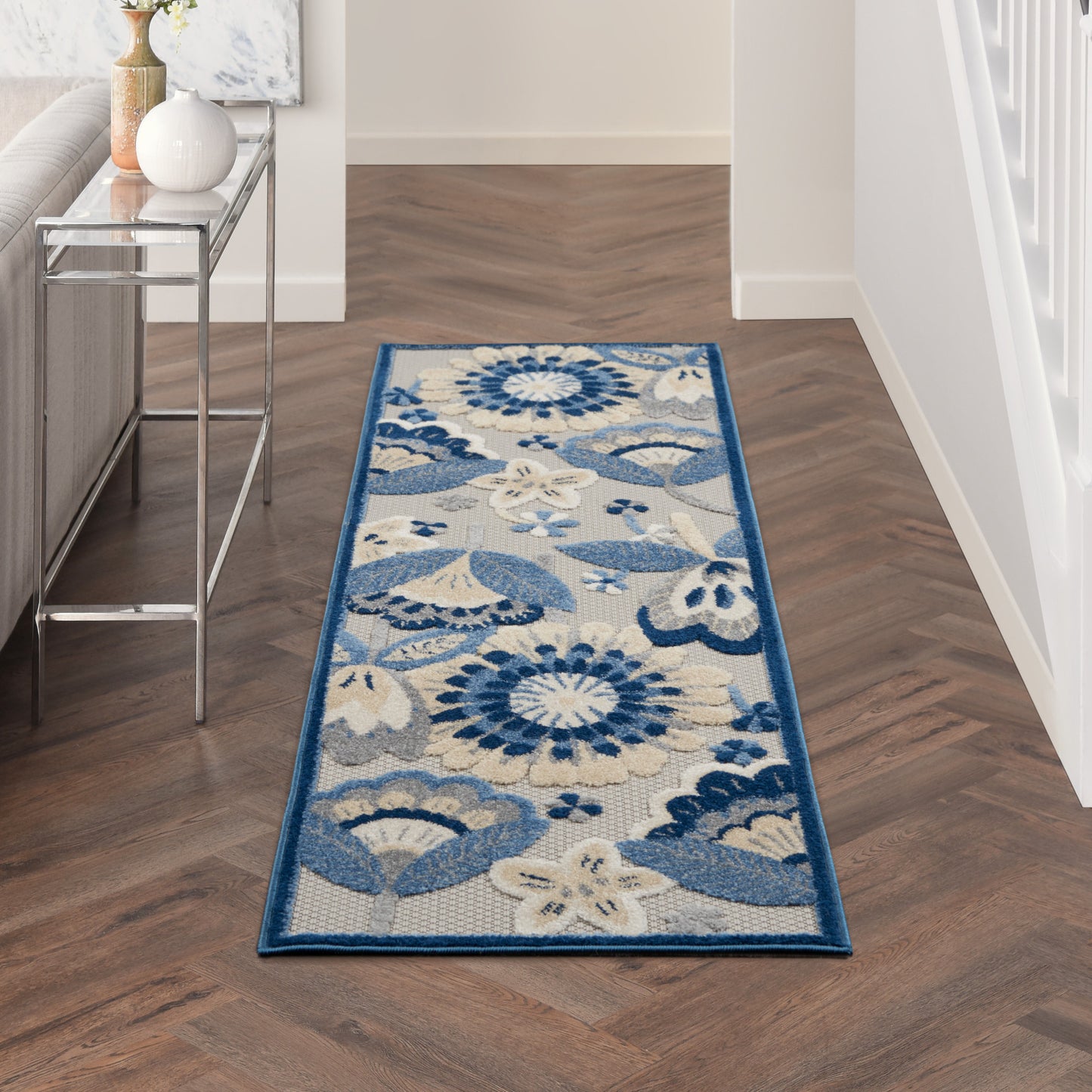 2' X 6' Blue And Grey Floral Non Skid Indoor Outdoor Runner Rug