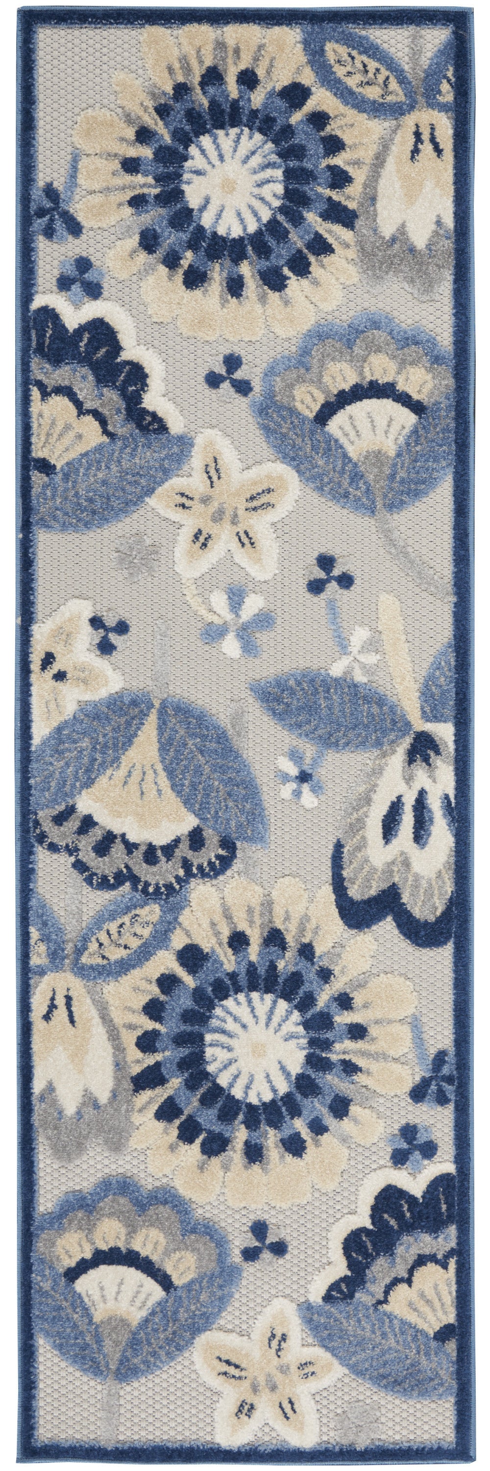 2' X 6' Blue And Grey Floral Non Skid Indoor Outdoor Runner Rug