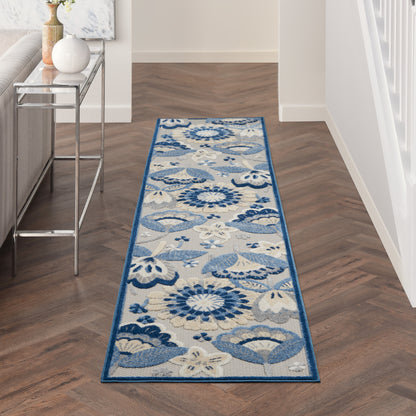 2' X 10' Blue And Grey Floral Non Skid Indoor Outdoor Runner Rug