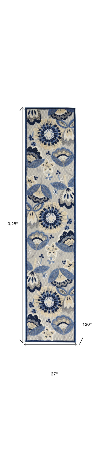 2' X 10' Blue And Grey Floral Non Skid Indoor Outdoor Runner Rug