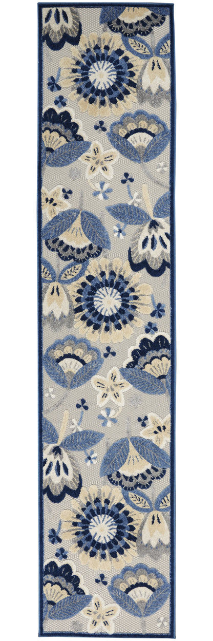 2' X 10' Blue And Grey Floral Non Skid Indoor Outdoor Runner Rug