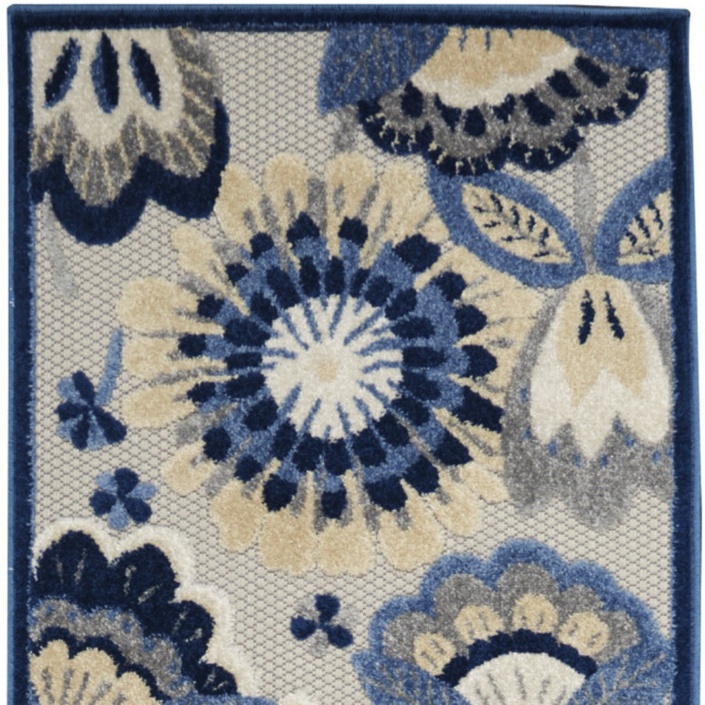 2' X 12' Blue And Grey Floral Non Skid Indoor Outdoor Runner Rug