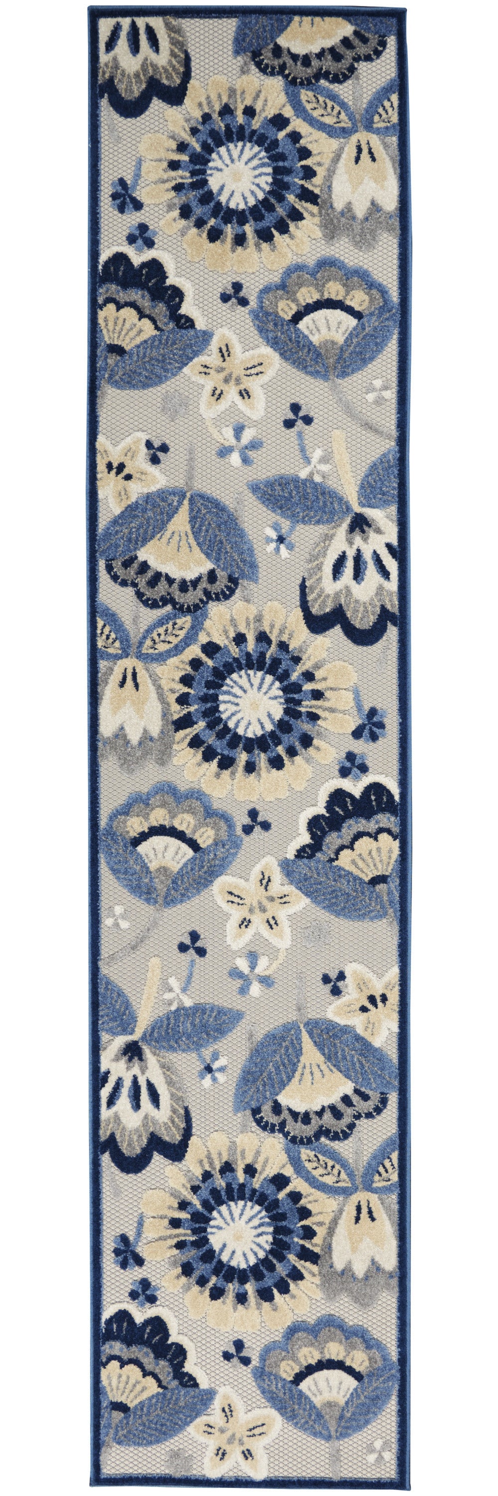 2' X 12' Blue And Grey Floral Non Skid Indoor Outdoor Runner Rug