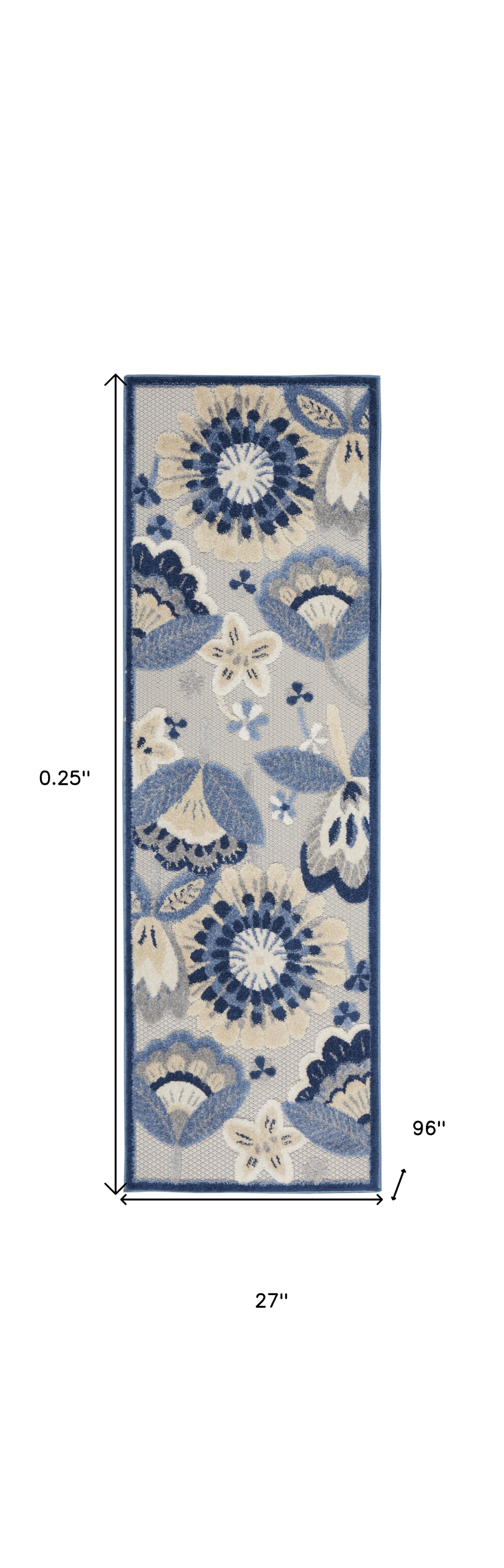 2' X 8' Blue And Grey Floral Non Skid Indoor Outdoor Runner Rug